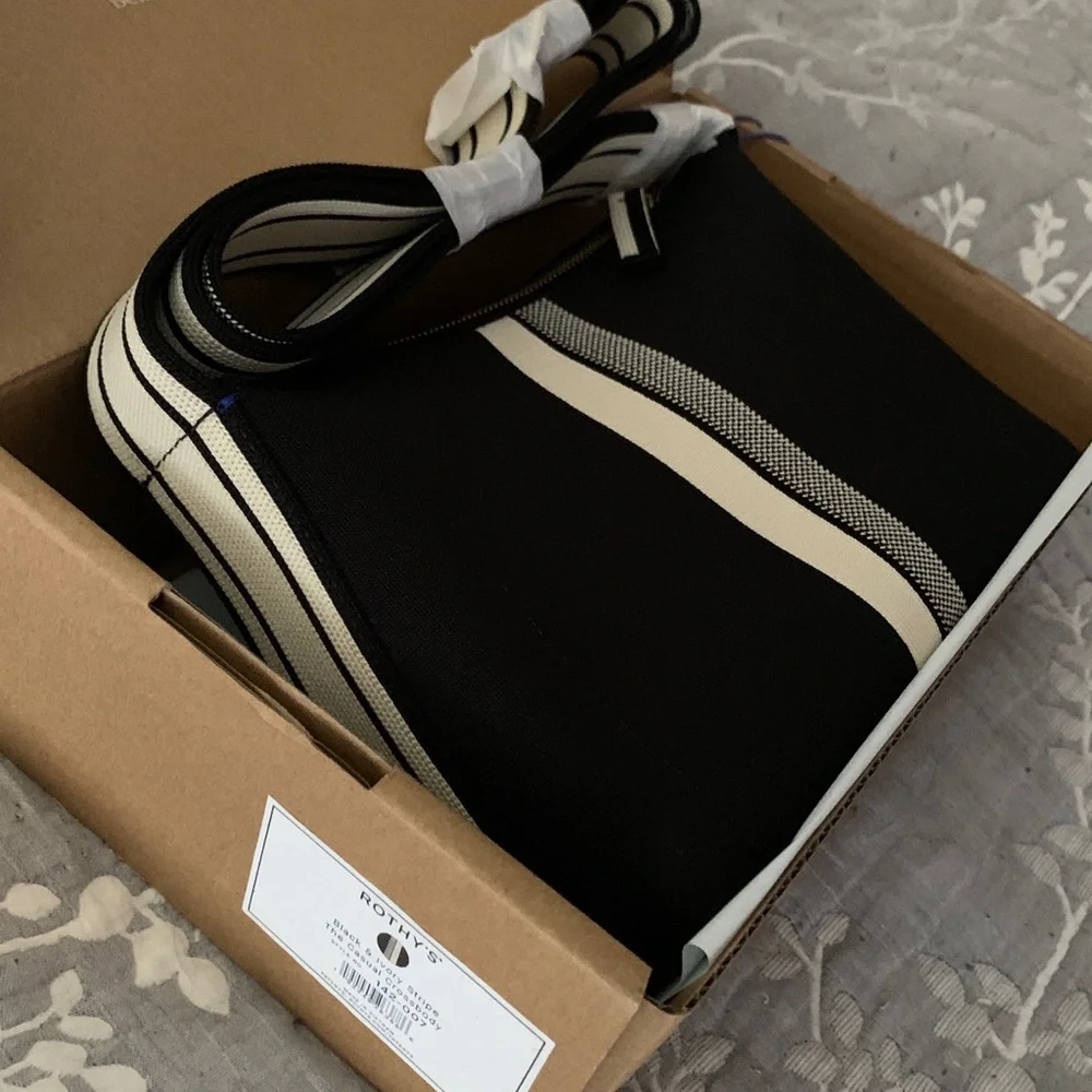 🆕 Rothy's Black Ivory Stripe Crossbody Bag Purse Shoulder Bag Sleek Pocket Zip